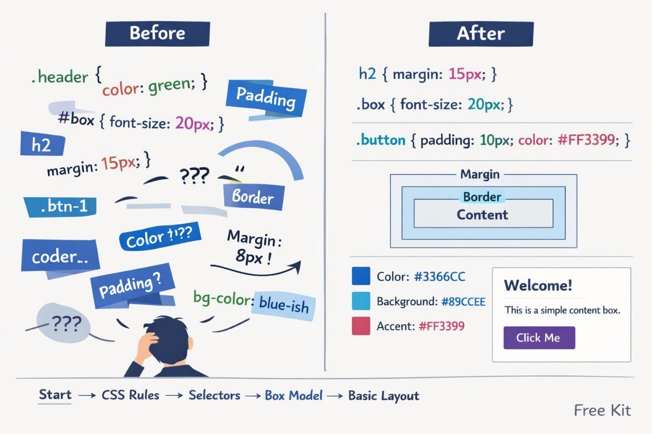 An educational infographic comparing 'Before' and 'After' stages of learning CSS. The left side, labeled 'Before', shows a confused person and various CSS selectors like '.
