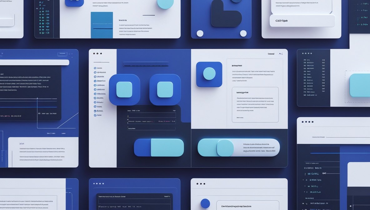 A top-down view of a collage of digital user interface cards and layout panels in shades of blue, navy, white, and light cyan, arranged in a clean grid pattern.