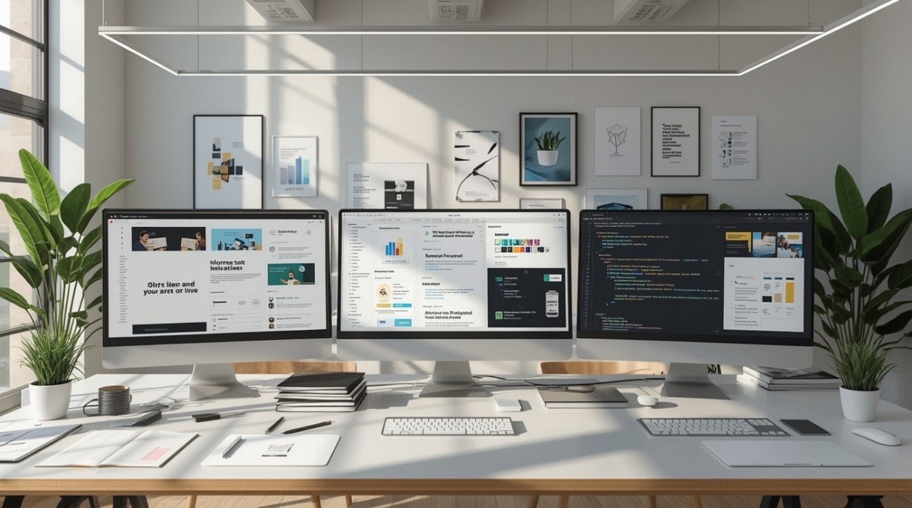 A modern, sunlit home office setup featuring a light wood desk with three computer monitors displaying web pages and code, surrounded by potted green plants, a keyboard, and framed wall art.
