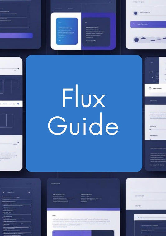 A digital cover or promotional graphic for a 'Flux Guide' featuring a large central blue rounded square with white text, surrounded by a collage of dark navy and blue software interface mockups.