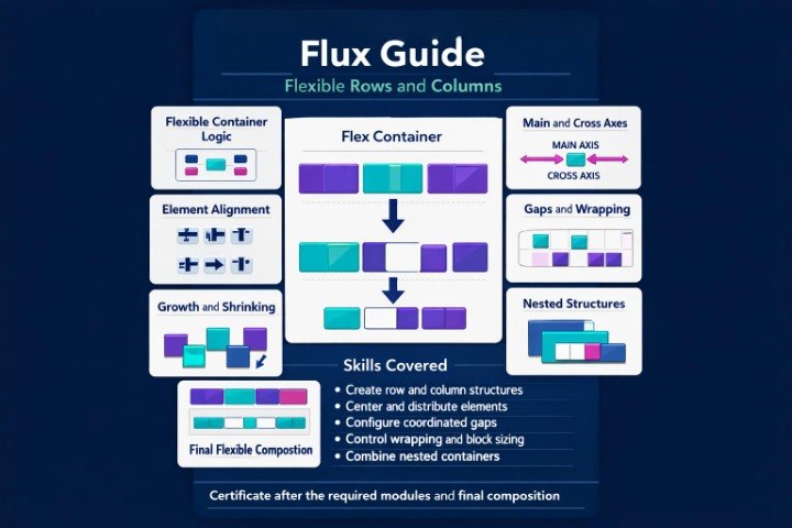 An educational infographic titled 'Flux Guide' explaining 'Flexible Rows and Columns' for a Flex Container, featuring various panels with diagrams, text, and color-coded blocks on a dark blue background.
