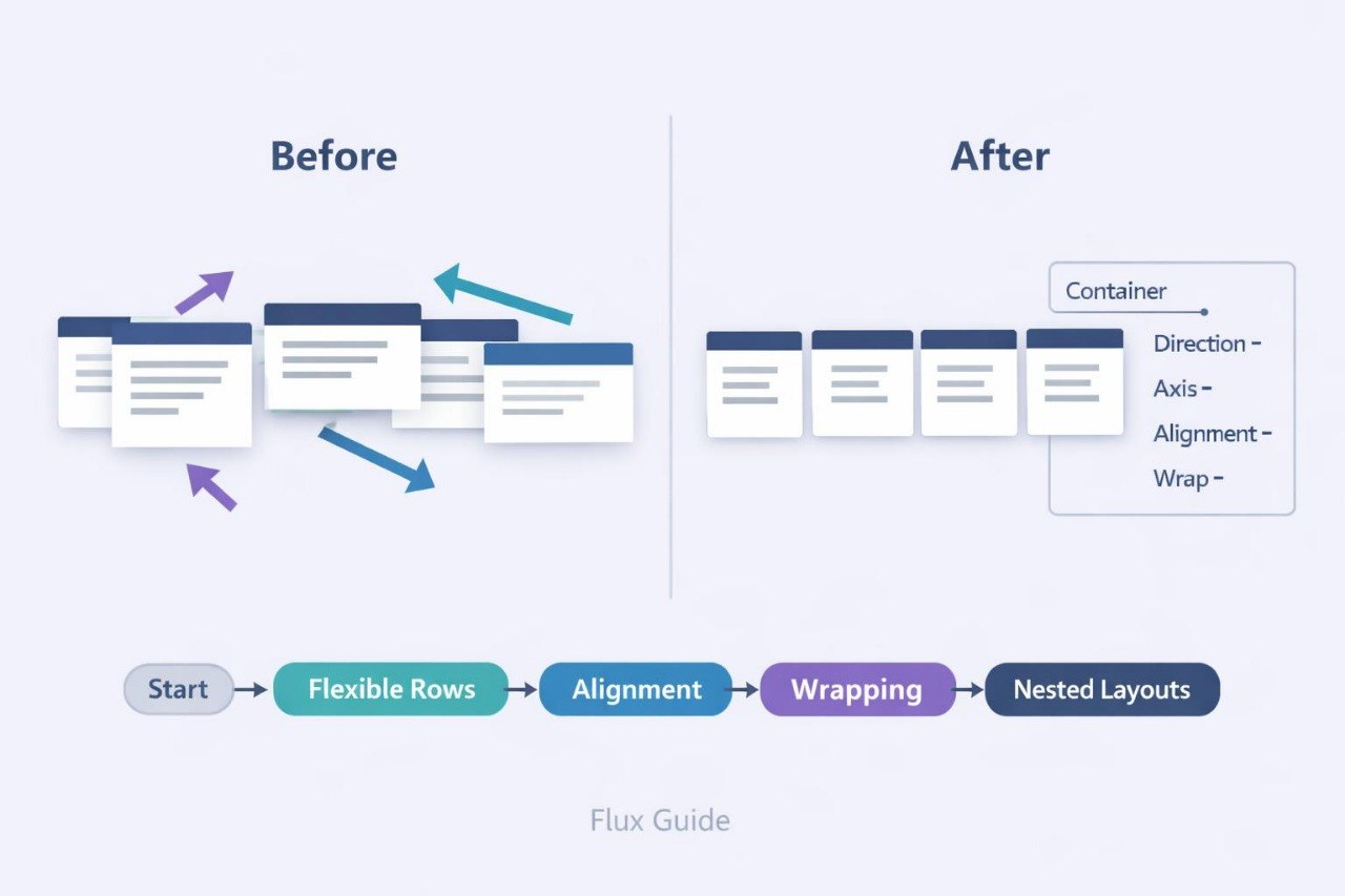 An explanatory diagram titled 'Before' and 'After' showing layout behavior for flexible rows and wrapping, with arrows and simplified UI card illustrations on a pale background. A bottom label reads 'Flux Guide.