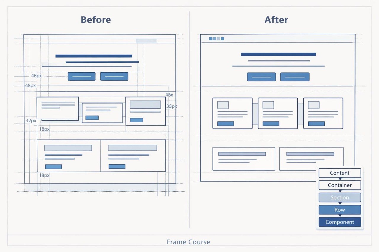 A side-by-side comparison diagram labeled 'Before' and 'After' showing a simplified UI layout with blue boxes and lines on a white background, plus a small legend at bottom right reading Content, Container, Section, Row, and Component.