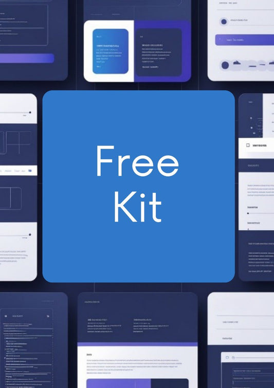 A promotional graphic for a digital design template kit, featuring a large central blue rounded square with the text 'Free Kit' in white, surrounded by multiple mockups of UI screens and layouts in dark blue, purple, and white.