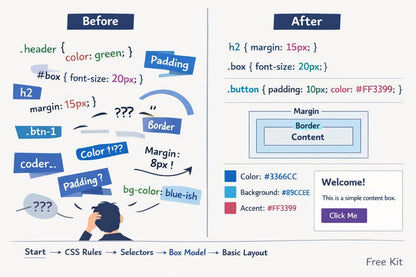 An educational infographic comparing 'Before' and 'After' stages of learning CSS. The left side, labeled 'Before', shows a confused person and various CSS selectors like '.