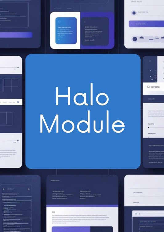 A digital graphic featuring a central blue rounded square with the text 'Halo Module' in white, surrounded by a collage of dark navy and blue user interface screens or design panels.