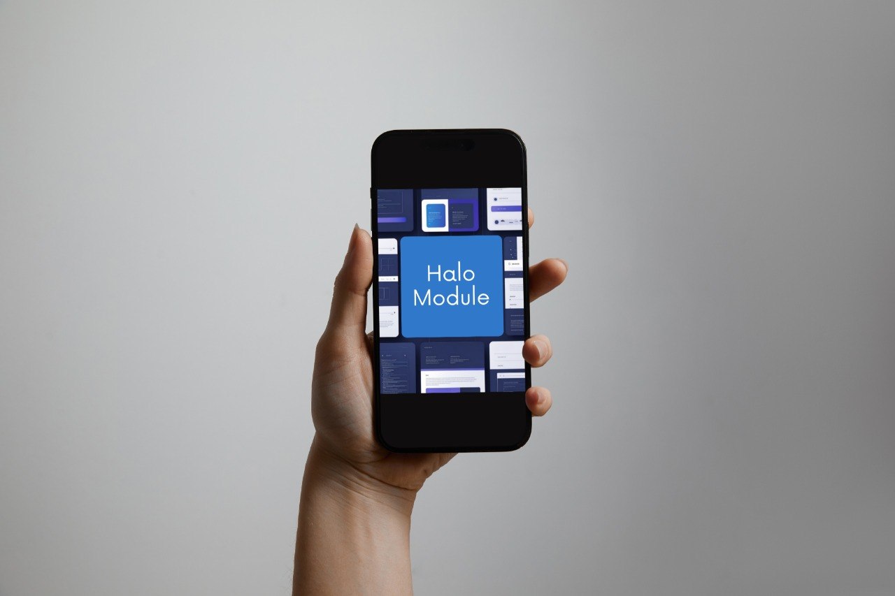 A hand holding a black smartphone that displays a software interface for 'Halo Module' against a plain gray background.