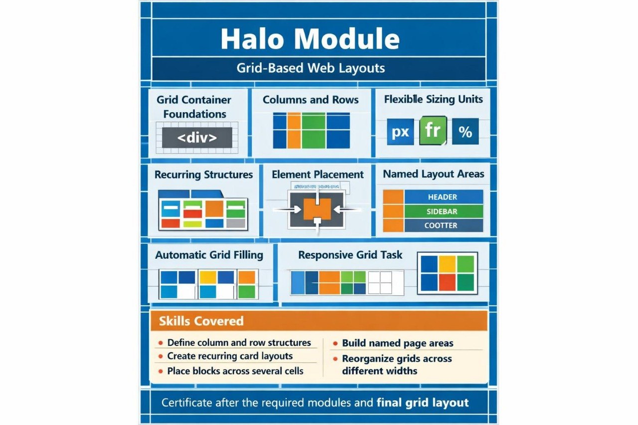 An educational graphic titled 'Halo Module Grid-Based Web Layouts' with a blue border and multiple colored boxes explaining layout concepts such as grid containers, columns and rows, flexible sizing units, recurring structures, named layout areas, and responsive grid tasks.
