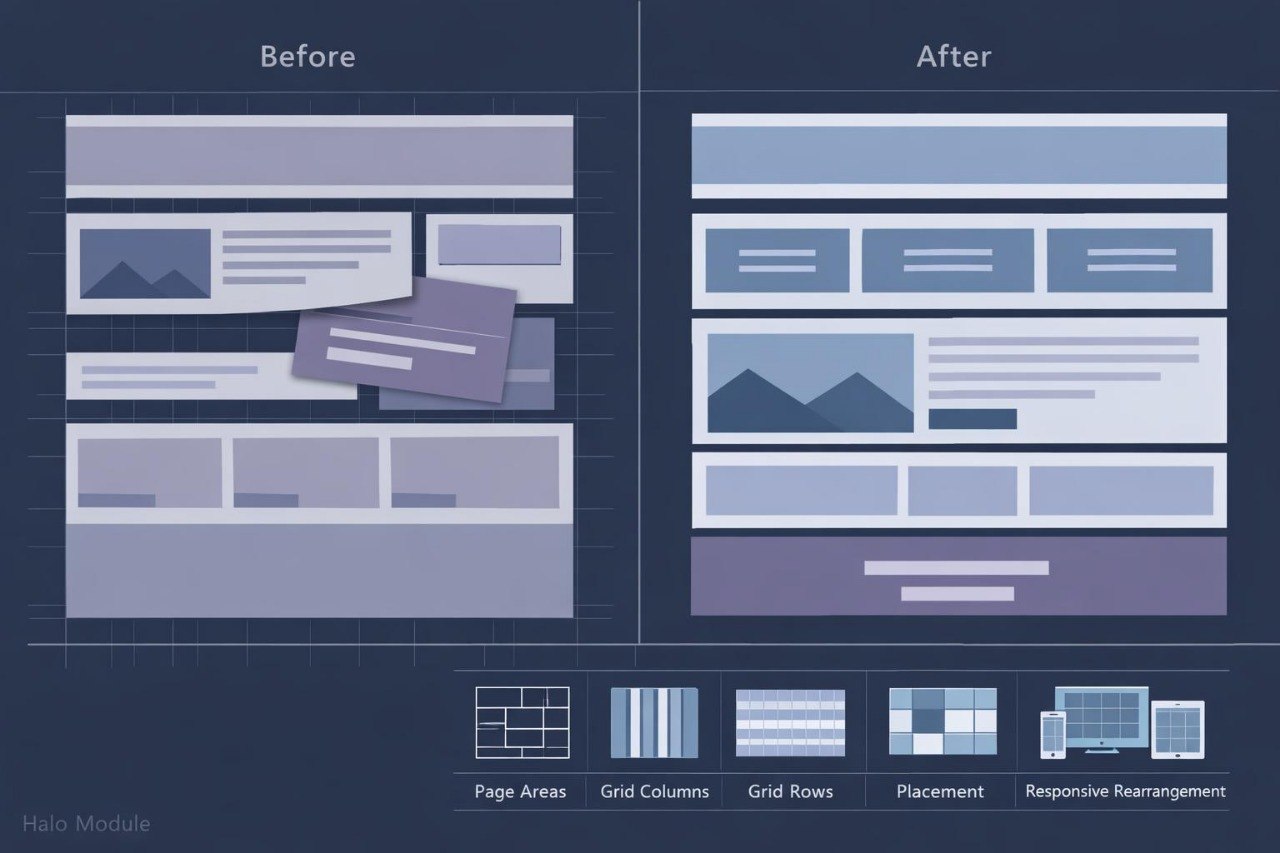 A blue and purple infographic comparing a messy 'Before' webpage layout with an organized 'After' layout, with small diagram labels at the bottom including page areas, grid columns, grid rows, placement, and responsive rearrangement.