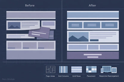 A blue and purple infographic comparing a messy 'Before' webpage layout with an organized 'After' layout, with small diagram labels at the bottom including page areas, grid columns, grid rows, placement, and responsive rearrangement.