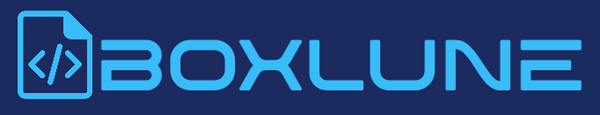 The BOXLUNE brand logo in bright cyan blue on a dark navy blue background, featuring a stylized document icon with code symbols on the left and the brand name on the right.
