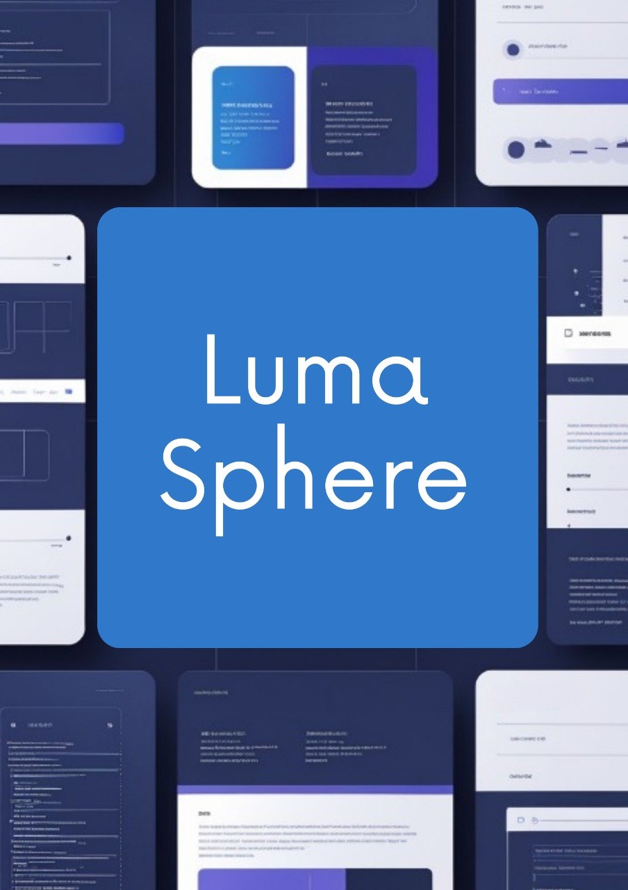 A digital mockup collage for Luma Sphere, featuring a large central blue rounded square with the white text 'Luma Sphere' and surrounding interface panels in dark blue, white, and purple.