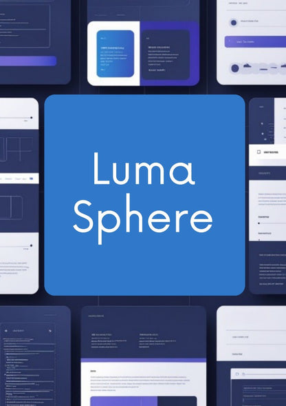 A digital mockup collage for Luma Sphere, featuring a large central blue rounded square with the white text 'Luma Sphere' and surrounding interface panels in dark blue, white, and purple.