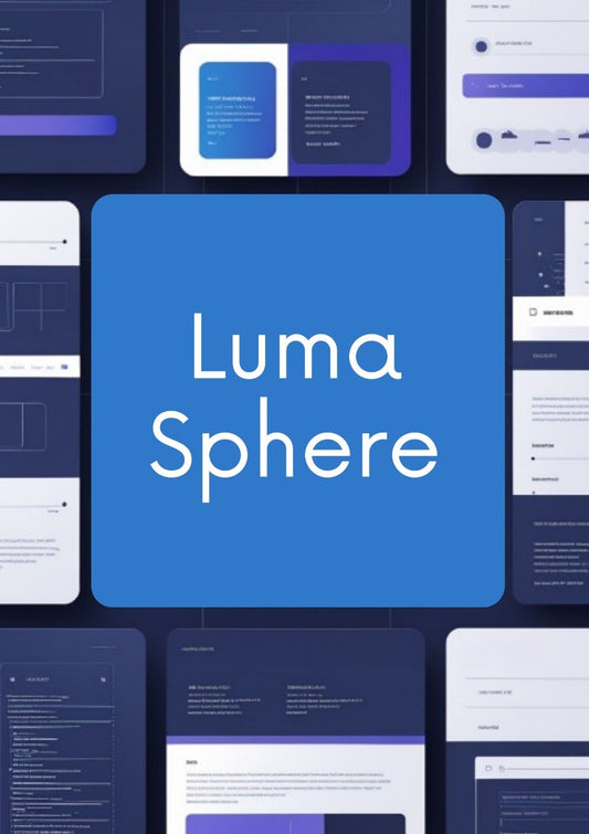 A digital mockup collage for Luma Sphere, featuring a large central blue rounded square with the white text 'Luma Sphere' and surrounding interface panels in dark blue, white, and purple.