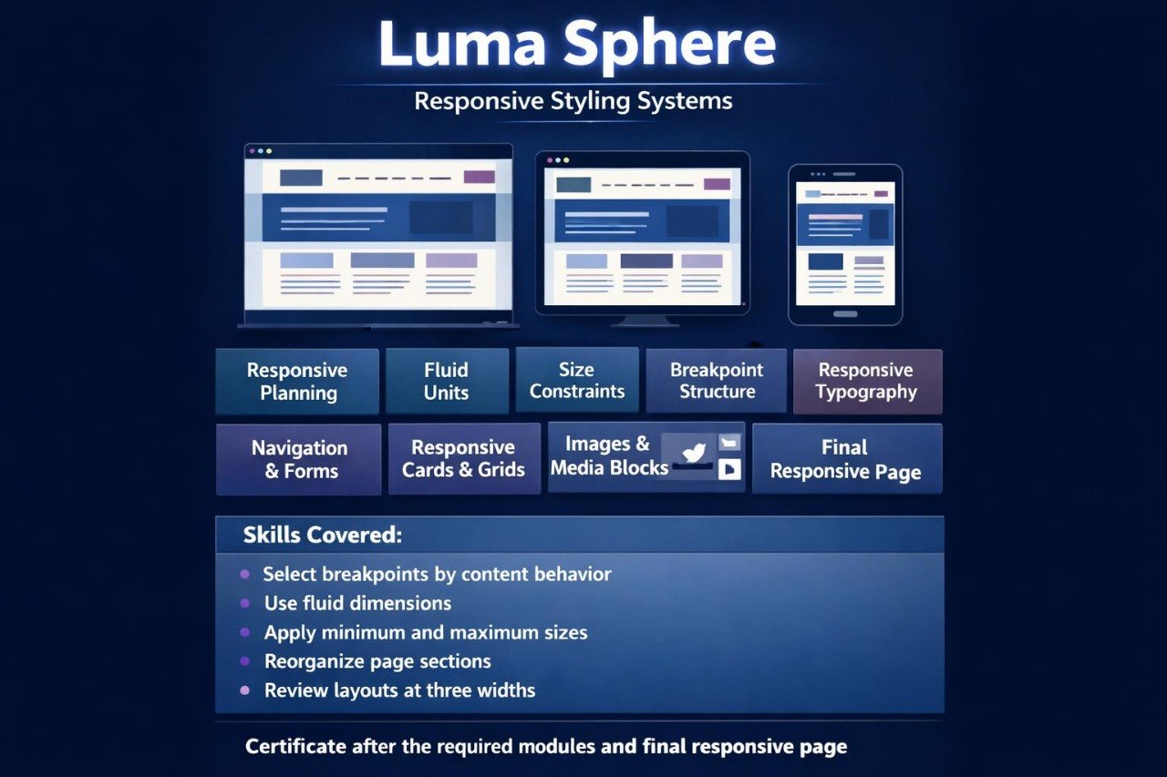 A dark blue promotional graphic for Luma Sphere Responsive Styling Systems, showing desktop, tablet, and mobile website mockups, feature tiles, and a skills/certificate section.