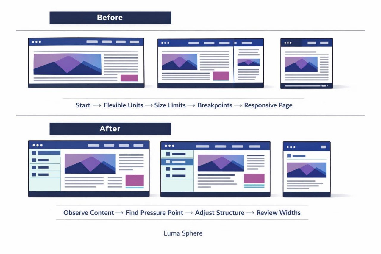 A digital infographic diagram titled 'Before' and 'After' comparing traditional website layout versus a flexible, responsive design. The top row labeled 'Before' shows three desktop/tablet/phone mockups with text about starting with flexible units, size limits, breakpoints, and responsive pages.
