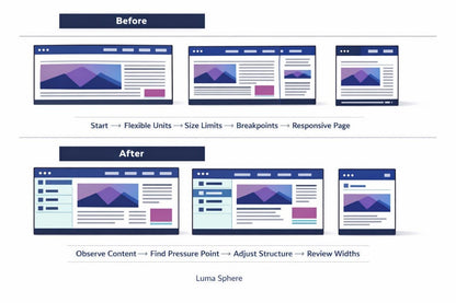 A digital infographic diagram titled 'Before' and 'After' comparing traditional website layout versus a flexible, responsive design. The top row labeled 'Before' shows three desktop/tablet/phone mockups with text about starting with flexible units, size limits, breakpoints, and responsive pages.