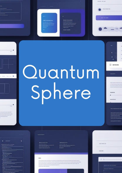 A digital graphic featuring a large central blue rounded rectangle with the white text 'Quantum Sphere' over a collage of dark blue and white UI screens or cards.