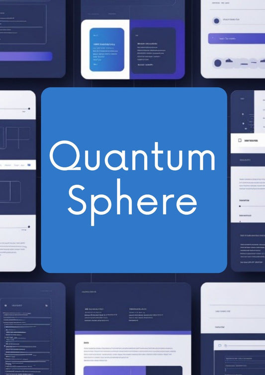 A digital graphic featuring a large central blue rounded rectangle with the white text 'Quantum Sphere' over a collage of dark blue and white UI screens or cards.