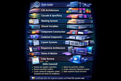 A digital graphic outlining a CSS system curriculum or certification path, featuring a vertical stack of illustrated software modules and icons with text labels such as Style Audit, CSS Architecture, Naming System, and Responsive Architecture, set against a dark background.
