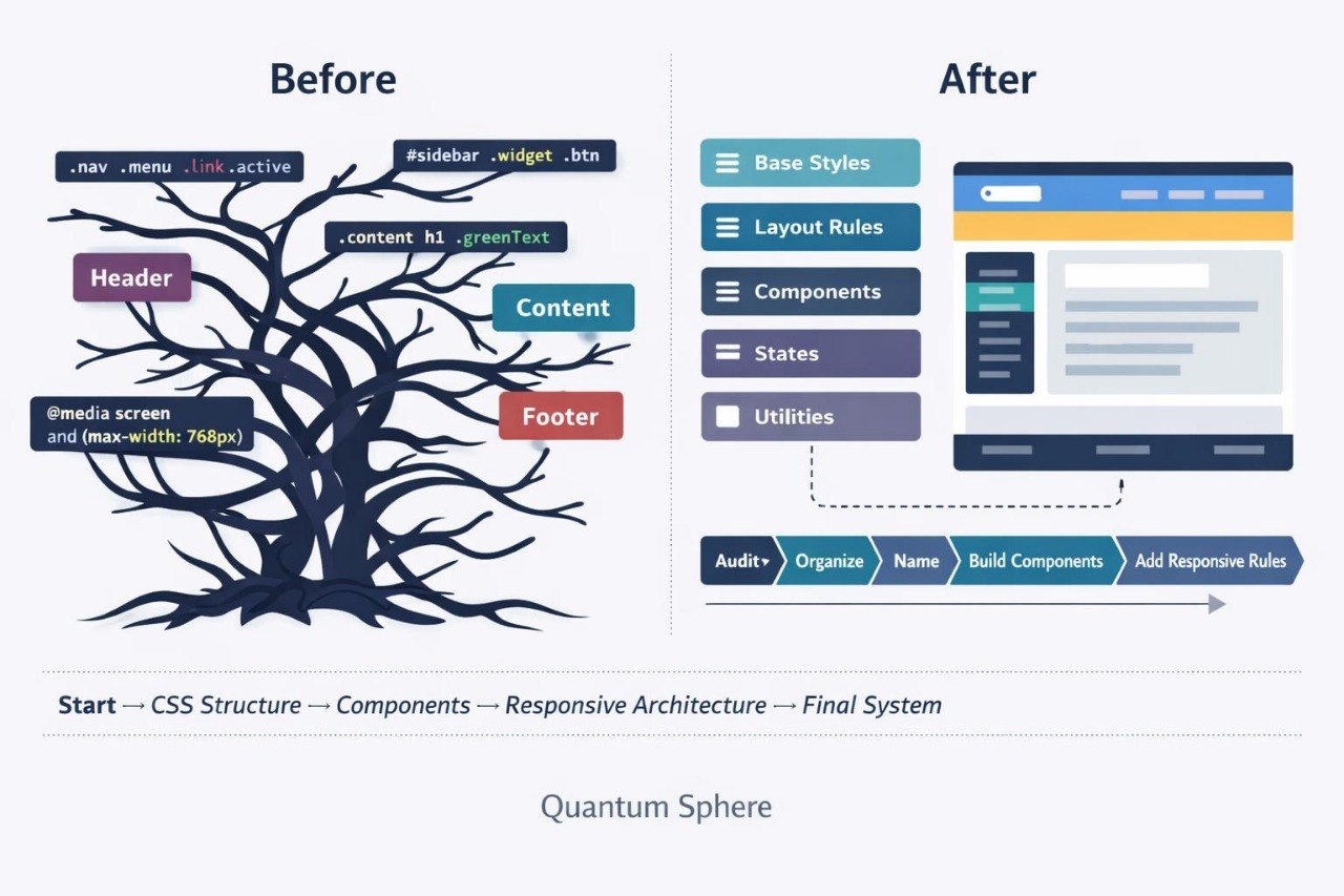 An infographic comparing a 'Before' state with an 'After' state, illustrating a CSS structure and responsive architecture. The left side shows a dark blue tree diagram with labeled branches for Header, Content, Footer, and media screen width.
