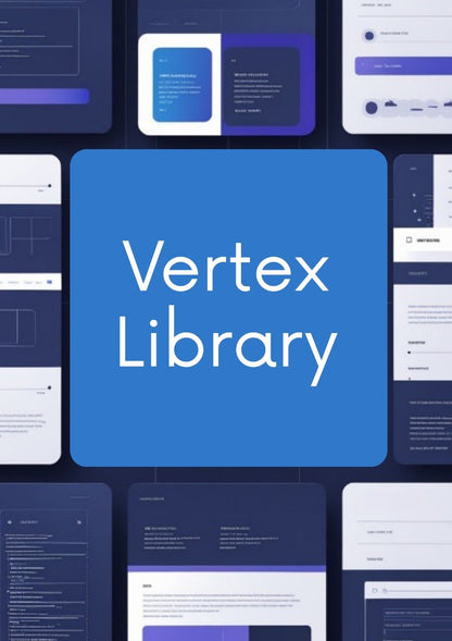 A digital graphic featuring a large central blue rounded square with the text 'Vertex Library' in white, surrounded by a collage of dark blue and white user interface screens or design panels.