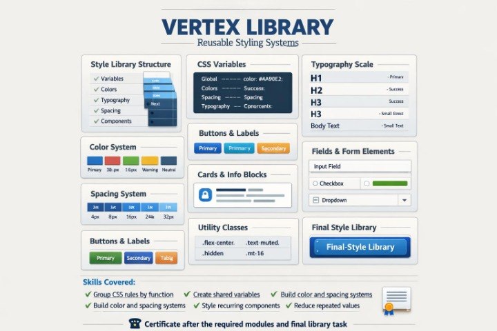 A digital infographic outlining the 'Vertex Library' reusable styling systems, featuring various UI components like color systems, typography scales, buttons, and cards on a light gray background.
