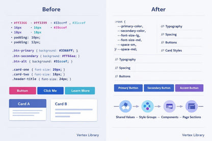 A before-and-after code comparison graphic showing CSS styling for buttons and cards. The left side labeled 'Before' displays raw hex colors and basic card layouts, while the right side labeled 'After' shows the styled result with purple and blue button accents, typography, and a flowchart explaining shared values, style groups, components, and page sections.