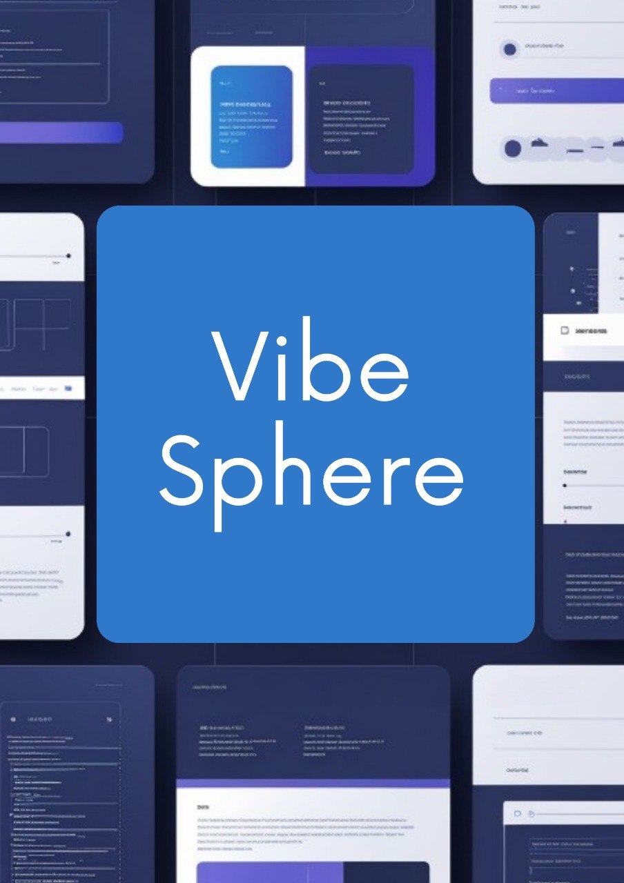 A digital mockup collage for Vibe Sphere, featuring a large central blue rounded square with white text, surrounded by various dark navy and white user interface screens and cards.