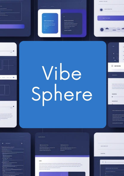 A digital mockup collage for Vibe Sphere, featuring a large central blue rounded square with white text, surrounded by various dark navy and white user interface screens and cards.