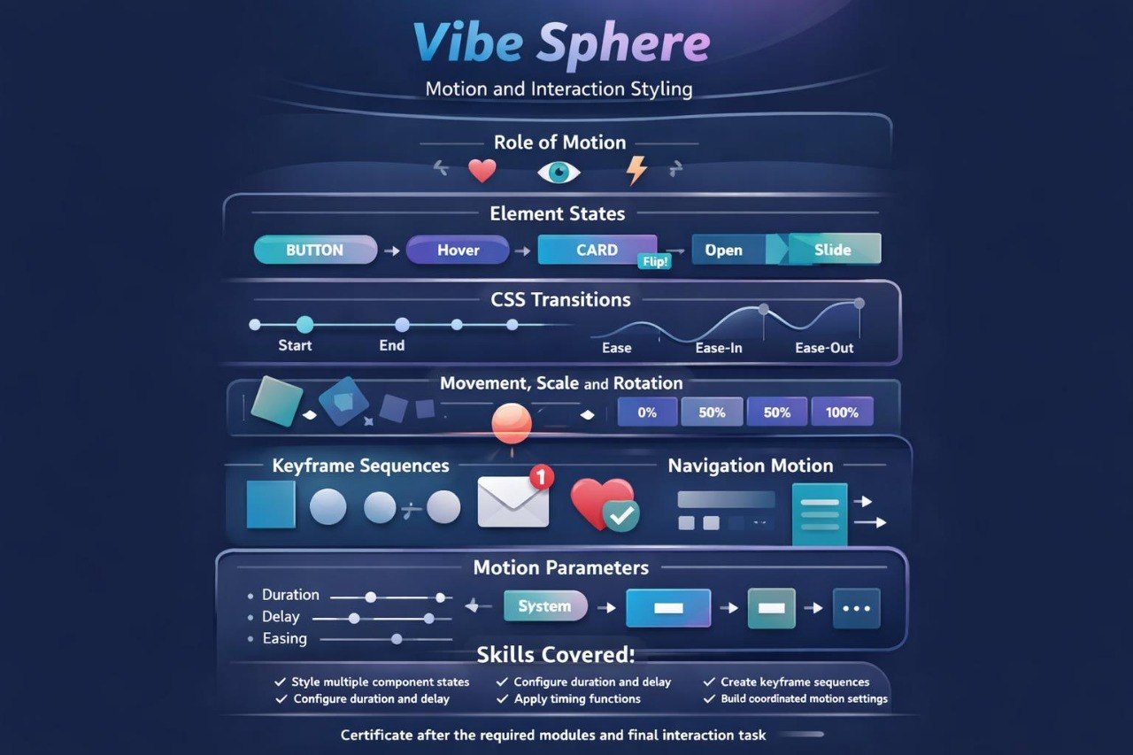 An infographic poster titled 'Vibe Sphere' detailing motion and interaction styling concepts such as element states, CSS transitions, keyframe sequences, and motion parameters, presented on a dark blue background.