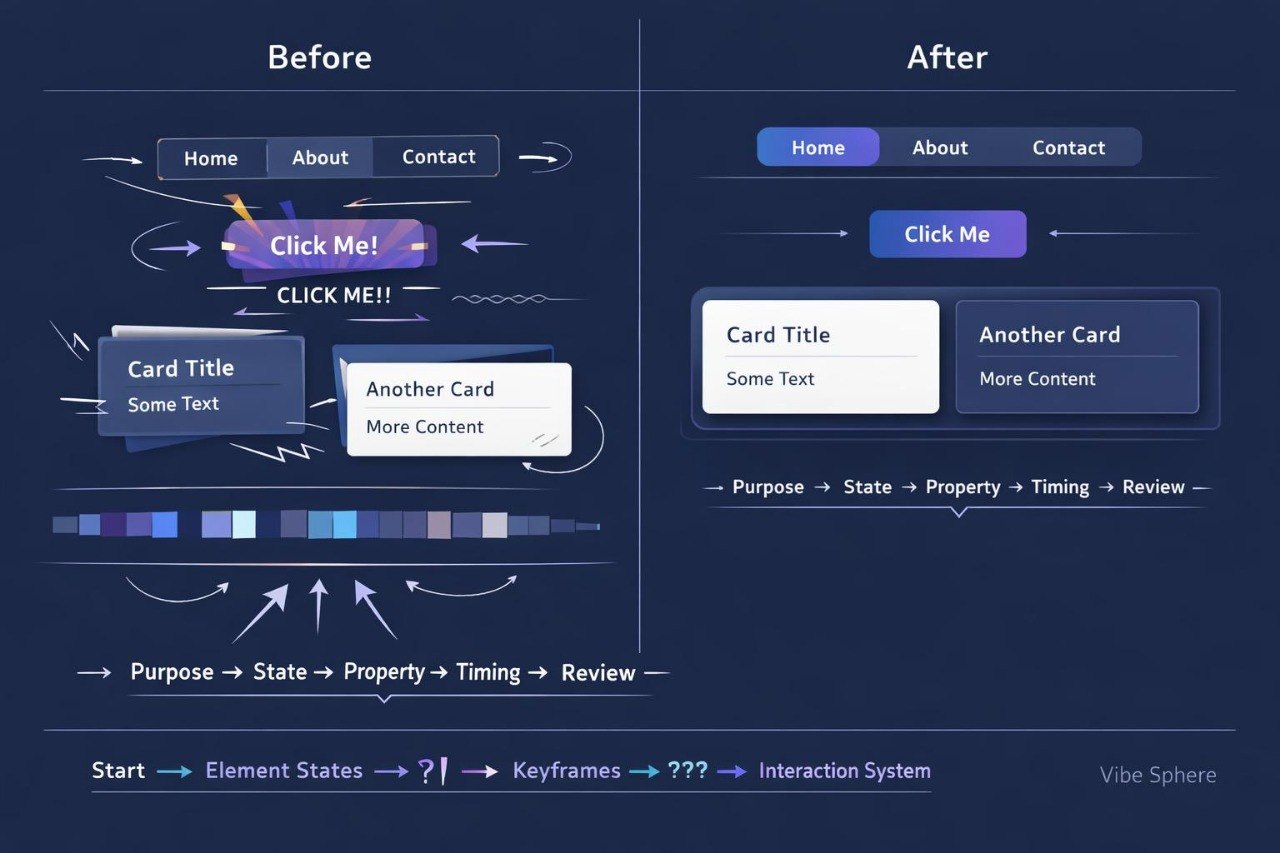 A digital graphic comparing a 'Before' state and 'After' state of a UI design system, likely for an app or website. The left side shows a messy, inconsistent interface with various colored buttons and text elements, while the right side shows a clean, unified design language with a consistent dark blue and white palette.