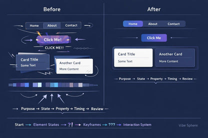 A digital graphic comparing a 'Before' state and 'After' state of a UI design system, likely for an app or website. The left side shows a messy, inconsistent interface with various colored buttons and text elements, while the right side shows a clean, unified design language with a consistent dark blue and white palette.