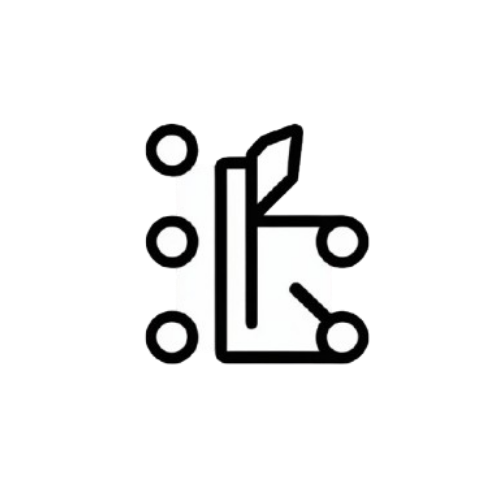 A minimalist black line icon depicting a stylized keyboard or controller with circular elements, centered on a solid white background.