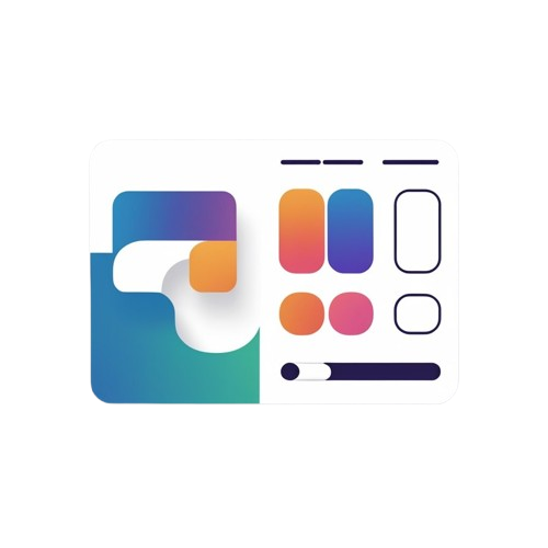 A minimalist digital interface card or app icon featuring abstract rounded shapes and color blocks in blue, teal, purple, orange, pink, and white on a plain white background.