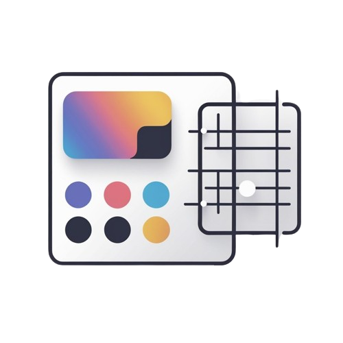 A minimalist vector illustration of a digital color picker or color swatch interface, featuring a rounded square with a gradient color block, six colored dots, and a grid overlay, set against a solid white background.