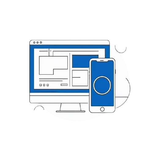 Minimalist vector illustration of a desktop computer monitor and a smartphone in blue and white, representing digital devices or a mobile application interface.