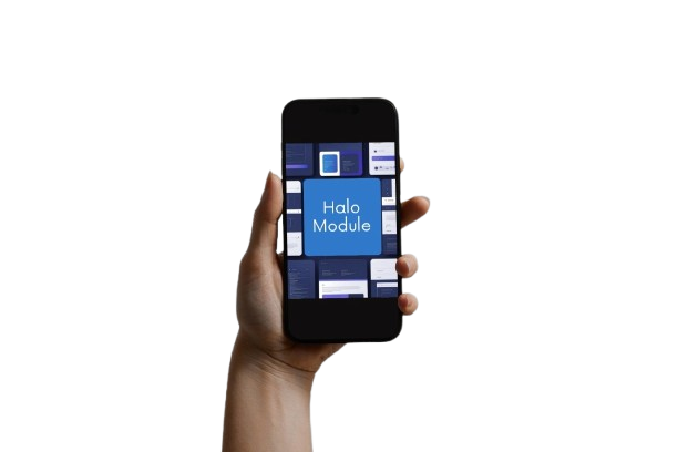 A hand holding a black smartphone against a solid white background, displaying the 'Halo Module' app interface on the screen.