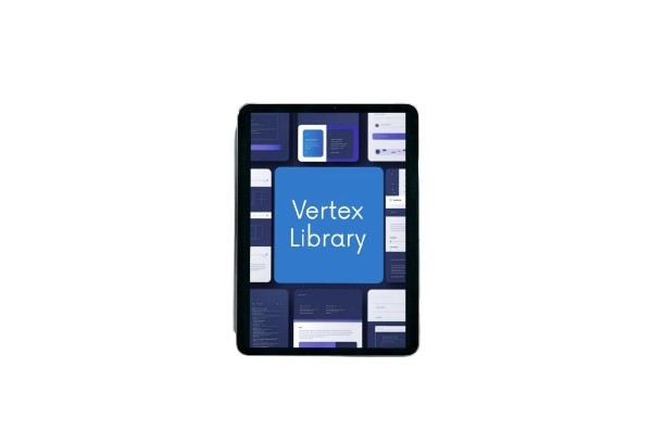A tablet device centered on a light gray background, displaying a blue screen with the text 'Vertex Library' and surrounding app interface tiles.