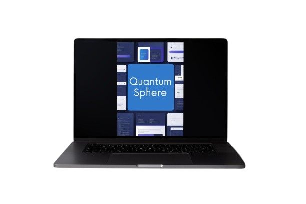 A dark gray laptop computer shown open against a plain white background, with its screen displaying a blue and white interface labeled 'Quantum Sphere'.